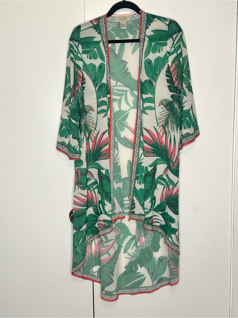 Flying Tomato Sheer Tropical Leaf Kimono in Green & Pink